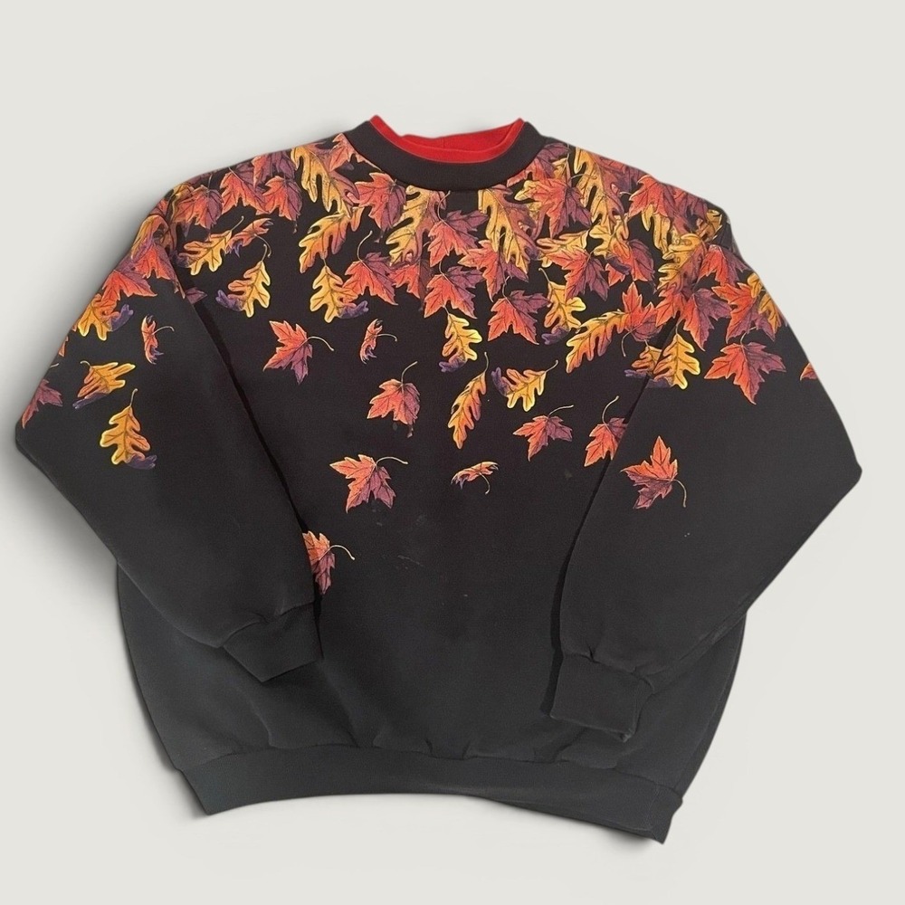 Vintage Bernie's Glen Sweater Womens XL Black Fall Leaves Fleece Pullover 90s